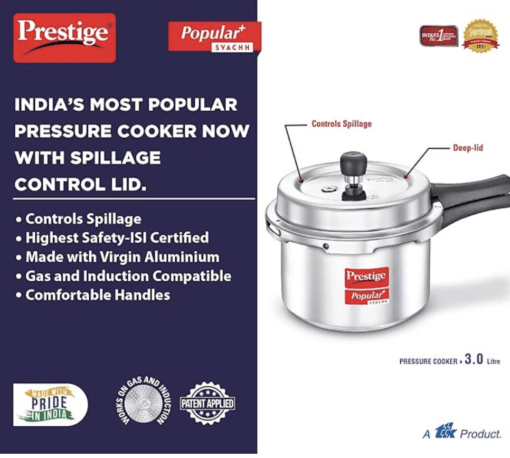 Prestige Popular Svachh Virgin Aluminium Spillage Control Outer Lid Pressure Cooker, 3 L (Silver) - Image 5